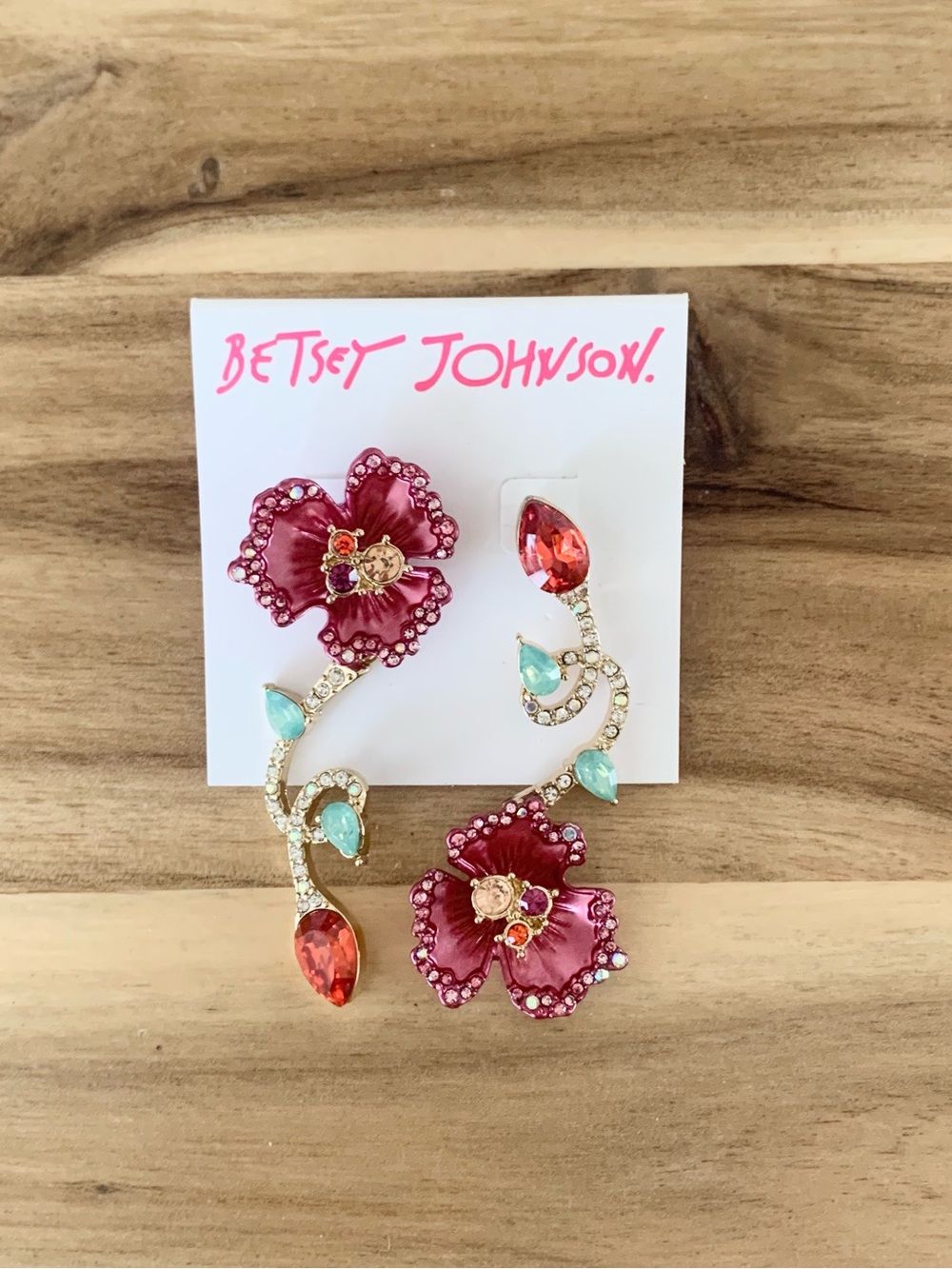 Betsey Johnson rhinestone floral earrings flower NWT